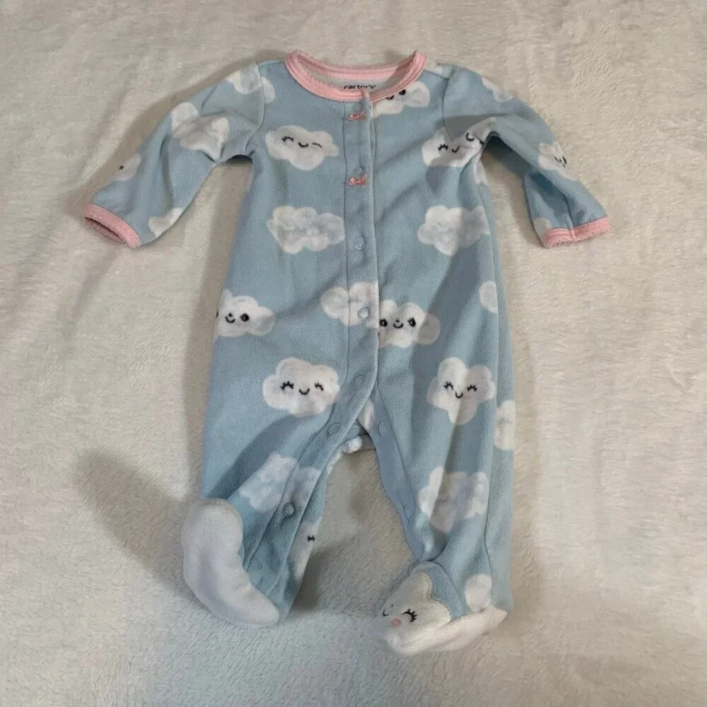 5/$25‎ Carter's Newborn Baby Fleece Footed Sleeper Blue Smiling Clouds Pink Trim